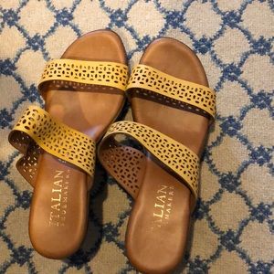 Yellow and brown leather heels/sandals